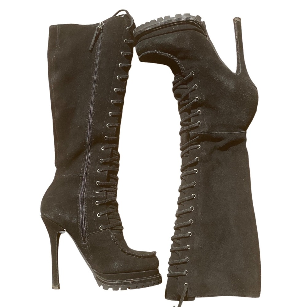 Y2K Bebe Black Lace Up Knee High Leather Boots Stiletto Heel Platform Size 7